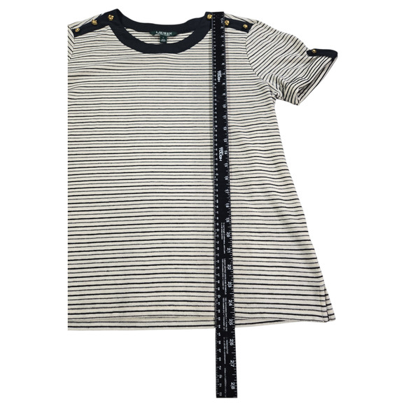 Lauren Ralph Lauren Wom LG Tee Black Striped Gold Buttons Classic Timeless Chic - Picture 3 of 11
